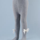 Sequined Bow Applique Footed Leggings - Grey