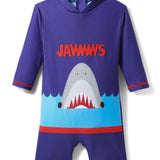 Half Sleeves Jawws Print Legged Swimsuit - Blue