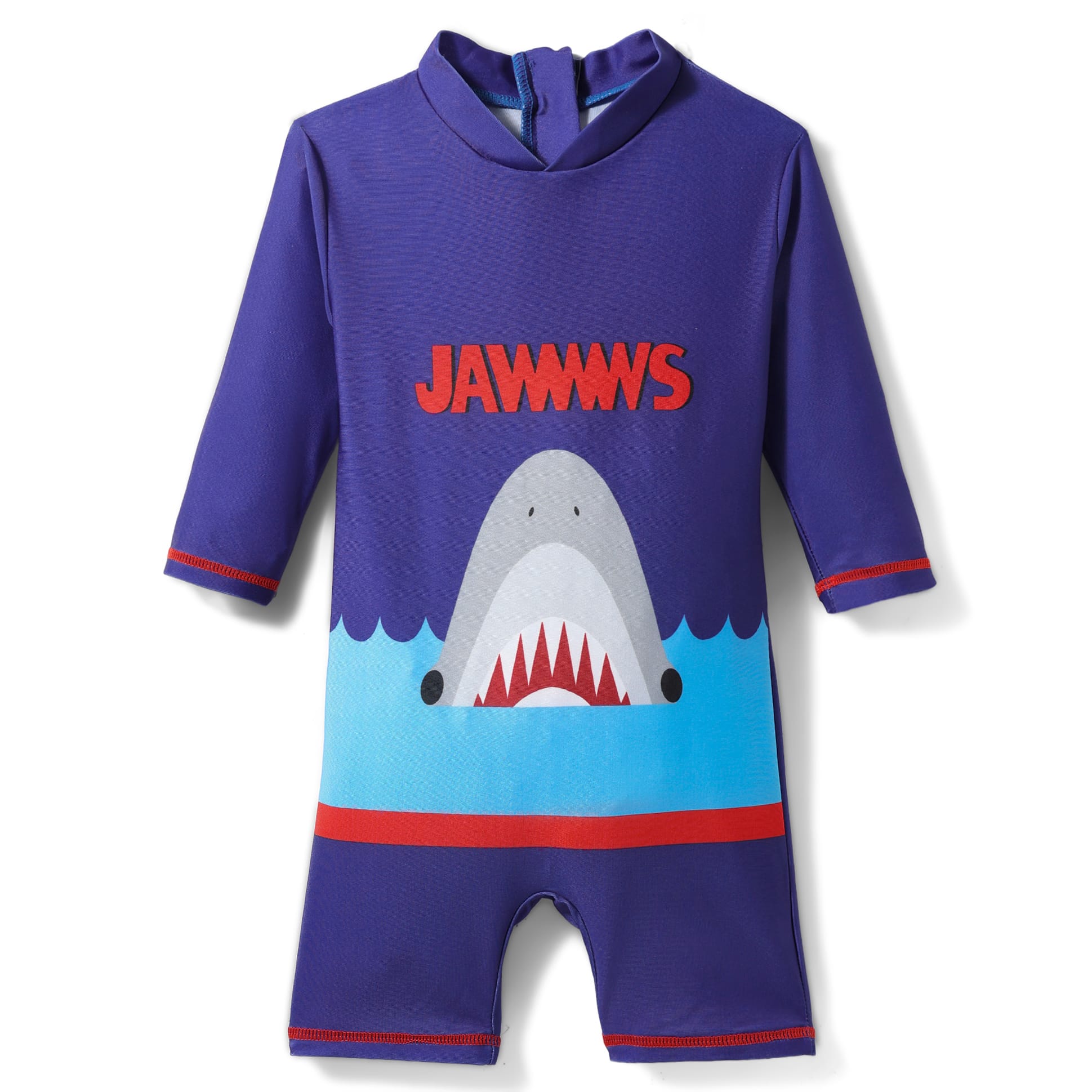 Half Sleeves Jawws Print Legged Swimsuit - Blue