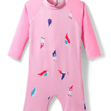 Full Sleeves Birds Printed Legged Swimsuit - Light Pink