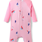 Full Sleeves Birds Printed Legged Swimsuit - Light Pink