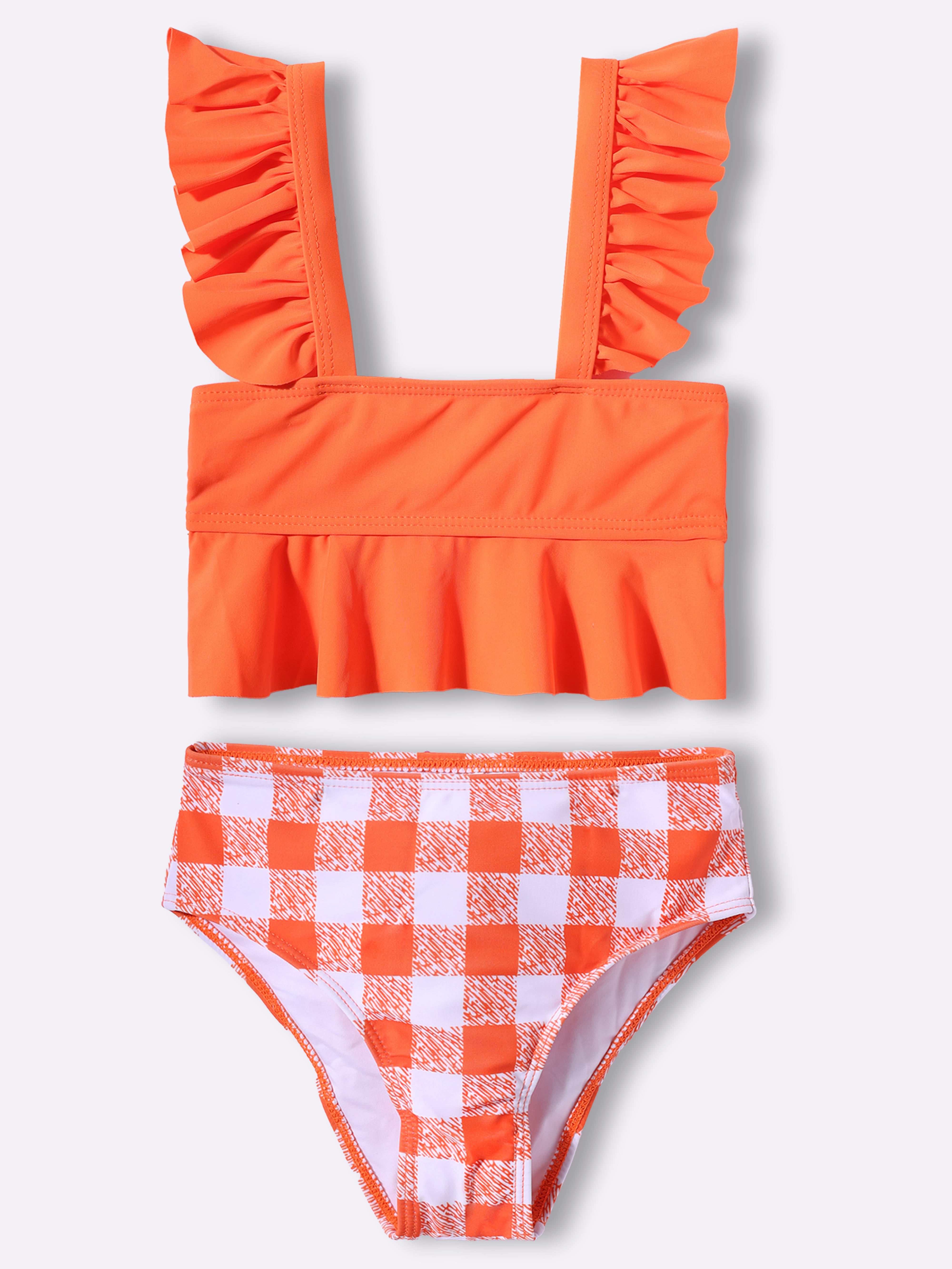 Ruffle Detailed Spaghetti Style 2 Piece Swimsuit - Neon Orange