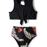 Knot Detailed Leaves Printed 2 Piece Swimsuit - Black