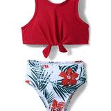 Knot Detailed Leaves Printed 2 Piece Swimsuit - Red