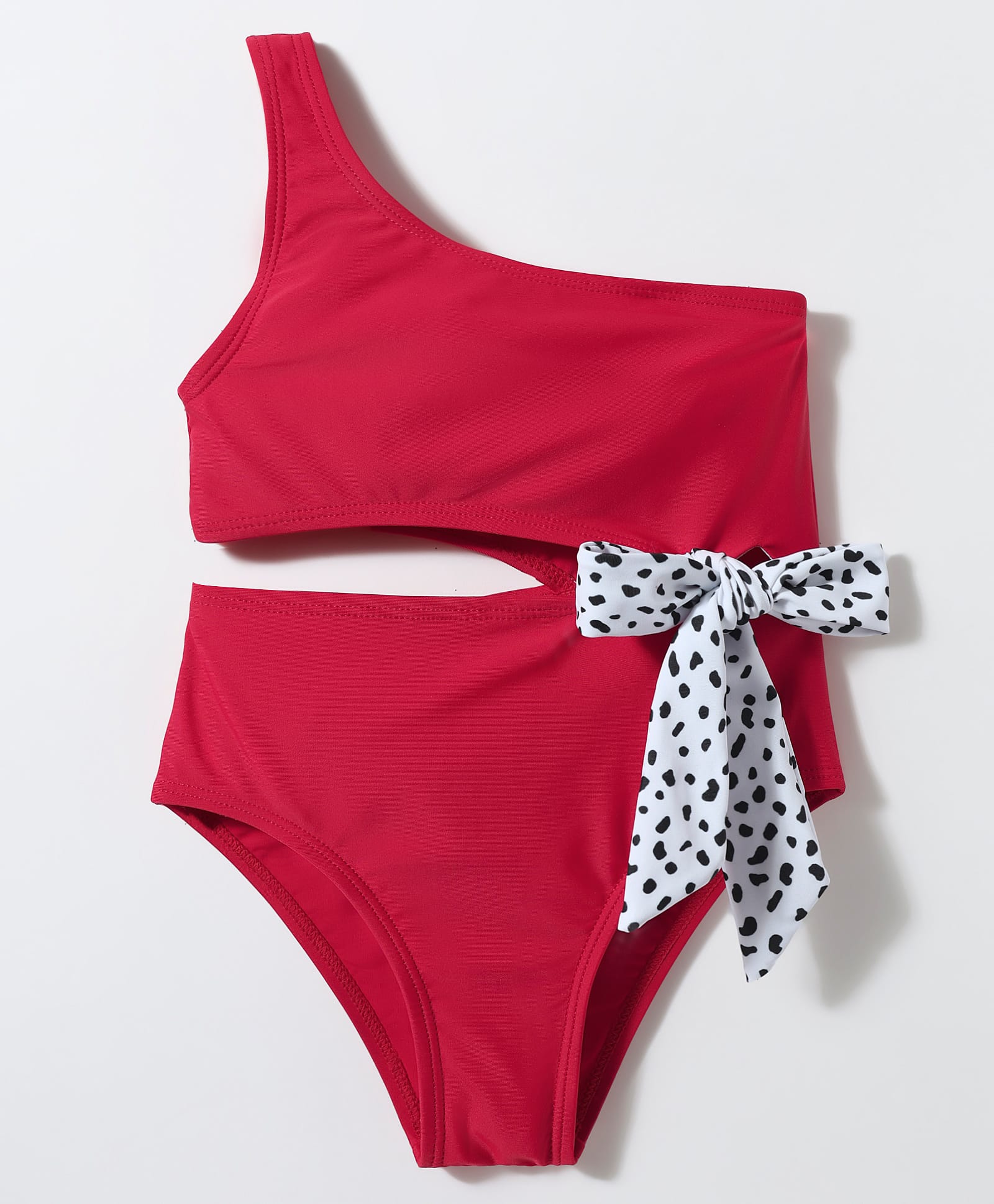 One Shoulder Side Cut Knot Detailed V Cut Swimsuit - Red