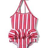 Halter Neck Ruffled Stripes V Cut Swimsuit - Red