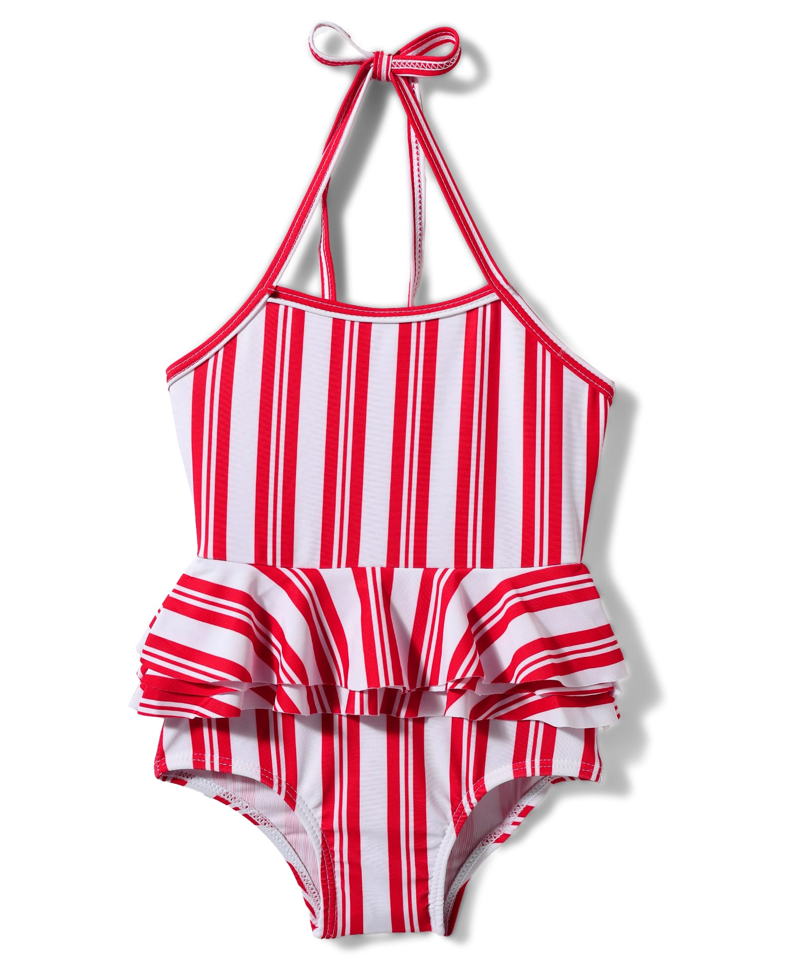 Halter Neck Ruffled Stripes V Cut Swimsuit - Red