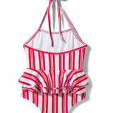 Halter Neck Ruffled Stripes V Cut Swimsuit - Red