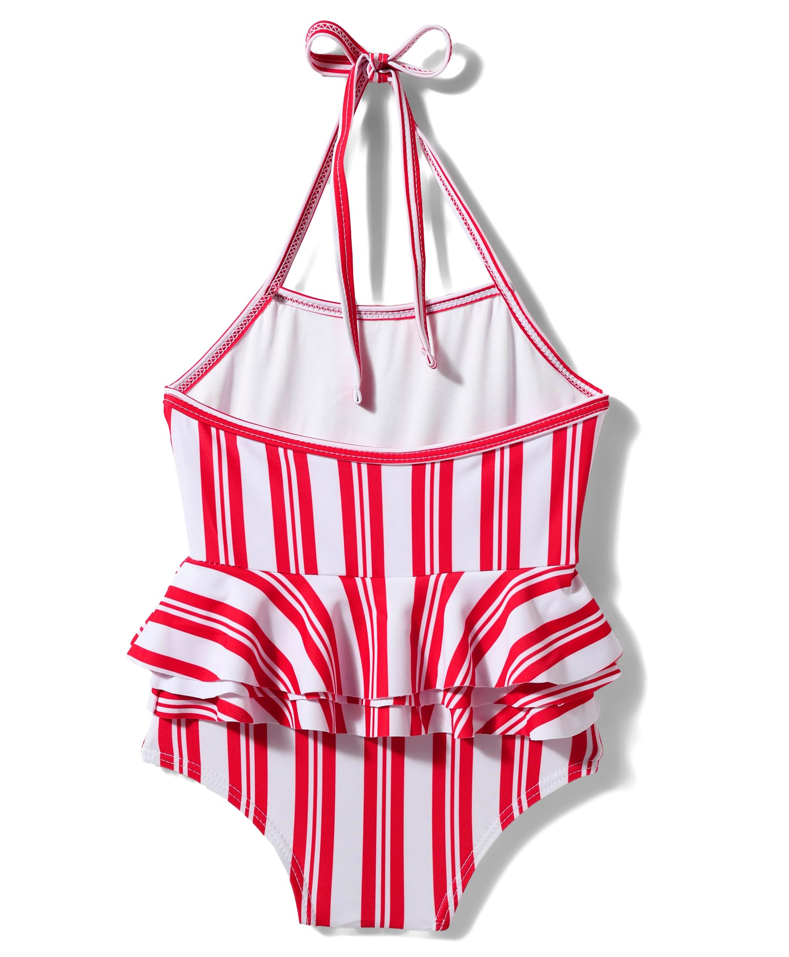 Halter Neck Ruffled Stripes V Cut Swimsuit - Red
