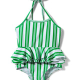 Halter Neck Ruffled Stripes V Cut Swimsuit - Green
