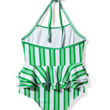 Halter Neck Ruffled Stripes V Cut Swimsuit - Green