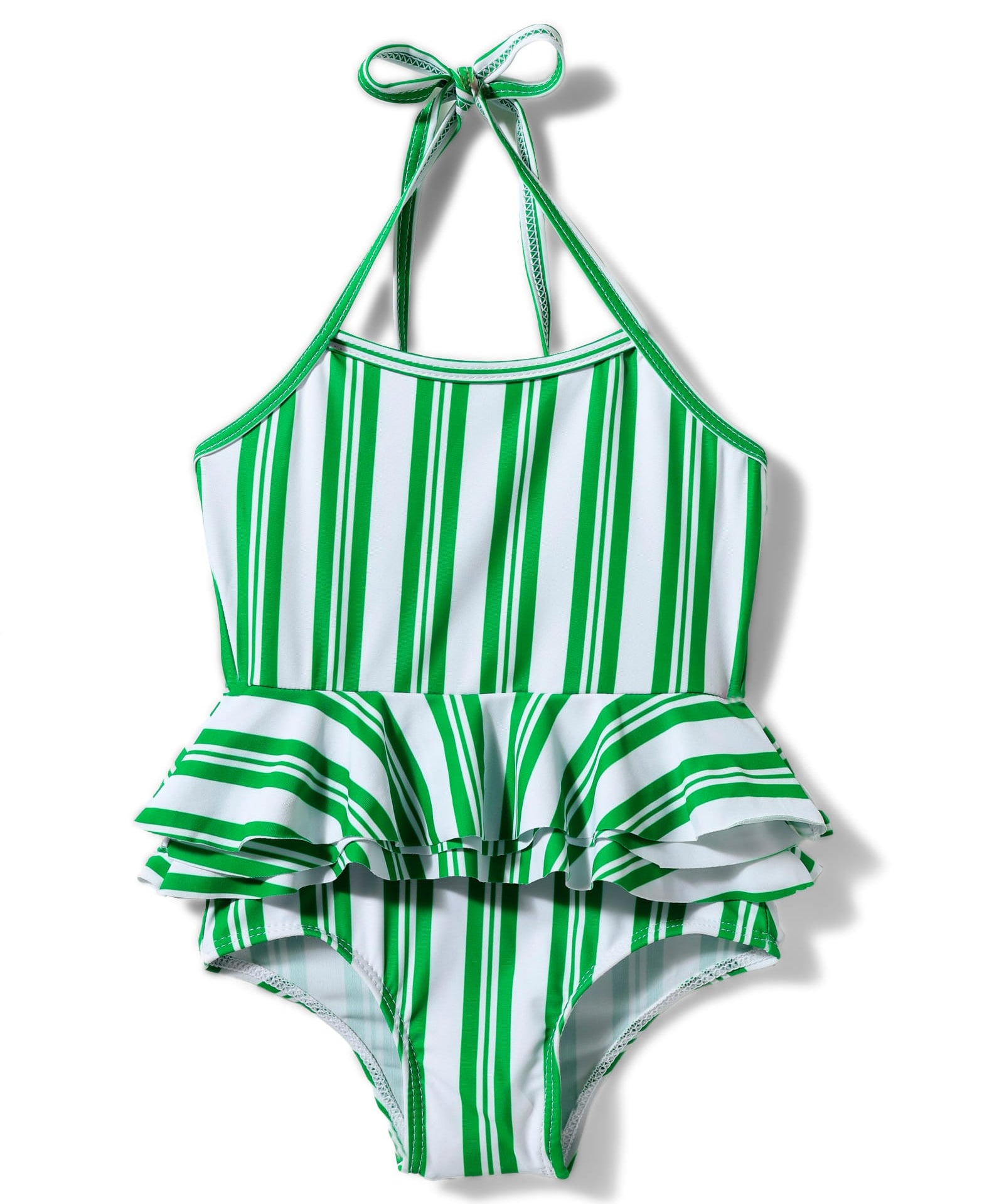 Halter Neck Ruffled Stripes V Cut Swimsuit - Green