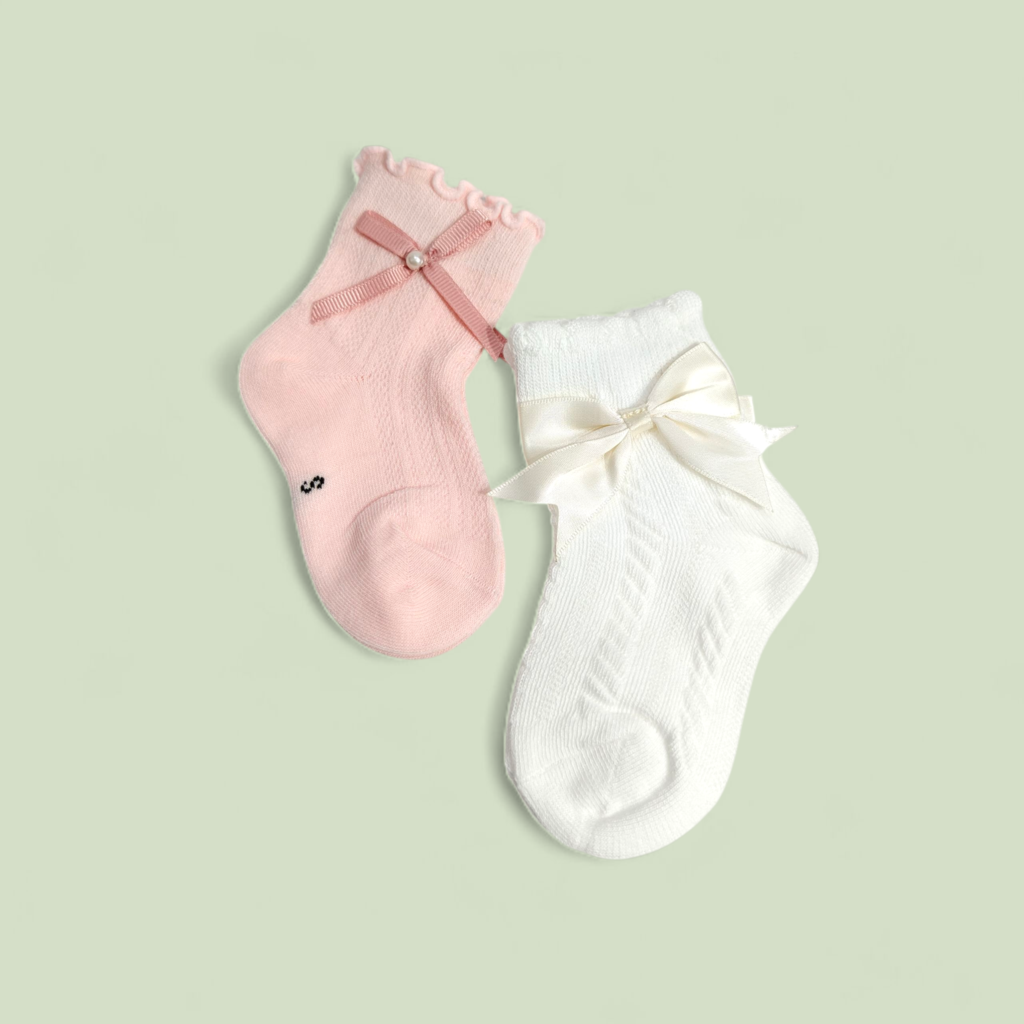 PACK OF 2 BOW & KNOT APPLIQUE ANKLE LENGTH SOCKS - PINK & WHITE