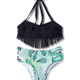 HALTER NACK FRILL APPLIQUE 2 PIECE SWIMSUIT - BLACK & GREEN