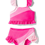 COLOR BLOCK RUFFLED DETAILED 2 PIECE SWIMSUIT - DARK PINK