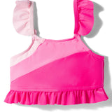 COLOR BLOCK RUFFLED DETAILED 2 PIECE SWIMSUIT - DARK PINK