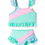COLOR BLOCK RUFFLED DETAILED 2 PIECE SWIMSUIT - SEA GREEN