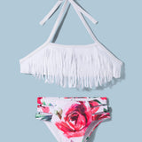 HALTER NACK FRILL APPLIQUE 2 PIECE SWIMSUIT - WHITE & RED