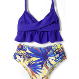 CRISS-CROSS LEAVES PRINTED 2 PIECE SWIMSUIT - BLUE