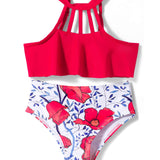 HALTER NECK FLORAL PRINTED 2 PIECE SWIMSUIT - RED