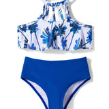HALTER NECK FLORAL PRINTED 2 PIECE SWIMSUIT - BLUE