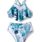 TROPICAL TEAL RUFFLED 2 PIECE SWIMSUIT - GREEN