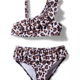 RUFFLED LEOPARD PRINTED 2 PIECE SWIMSUIT - BROWN