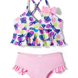 SPAGHETTI STYLE BOW APPLIQUE 2 PIECE SWIMSUIT - PINK