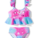 RUFFLED STRAP UNICORN PRINT 2 PIECE SWIMSUIT - PURPLE