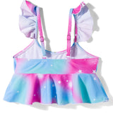 RUFFLED STRAP UNICORN PRINT 2 PIECE SWIMSUIT - PURPLE