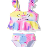 RUFFLED STRAP UNICORN PRINT 2 PIECE SWIMSUIT - PINK