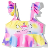 RUFFLED STRAP UNICORN PRINT 2 PIECE SWIMSUIT - PINK