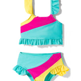 COLOR BLOCK RUFFLED DETAILED 2 PIECE SWIMSUIT - BLUE