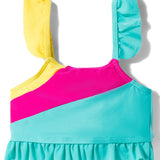 COLOR BLOCK RUFFLED DETAILED 2 PIECE SWIMSUIT - BLUE