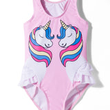 UNICORN PRINT RUFFLED DETAILED V CUT SWIMSUIT - LIGHT PINK