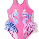 SWAN PRINT RUFFLED DETAILED V CUT SWIMSUIT - DARK PINK