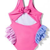SWAN PRINT RUFFLED DETAILED V CUT SWIMSUIT - DARK PINK