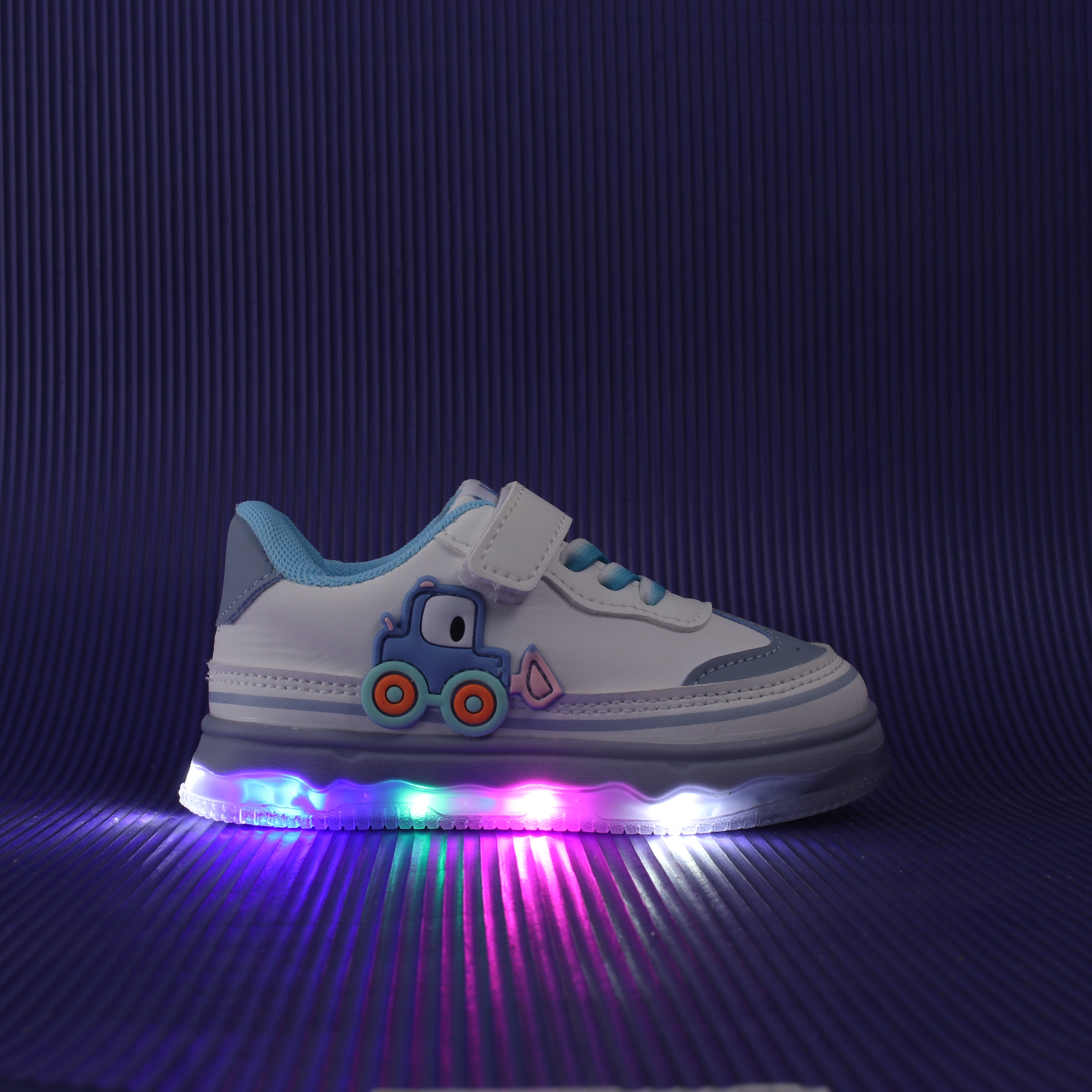 Car Applique Velcro Closure Led Shoes - White & Blue