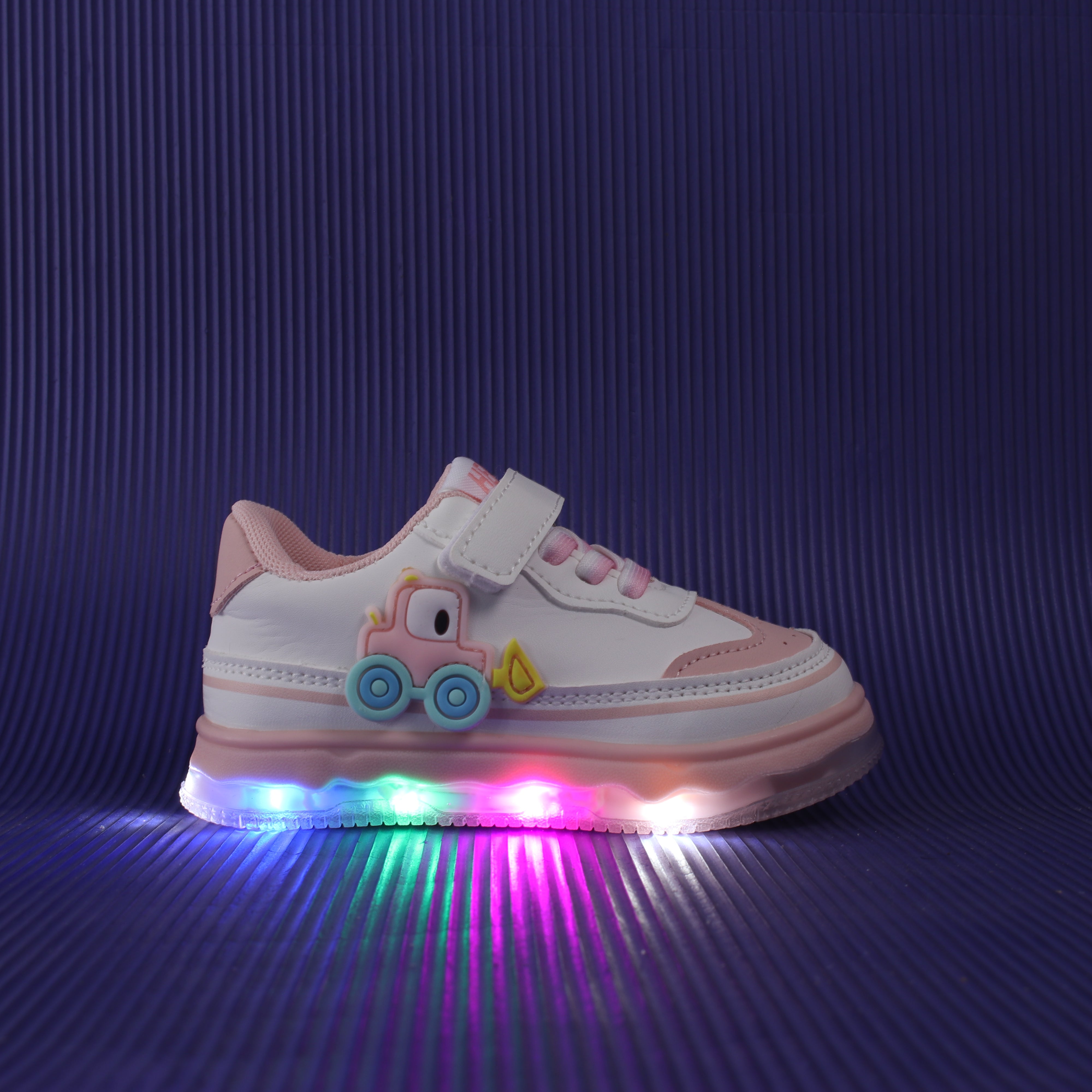 Car Applique Velcro Closure Led Shoes - White & Pink