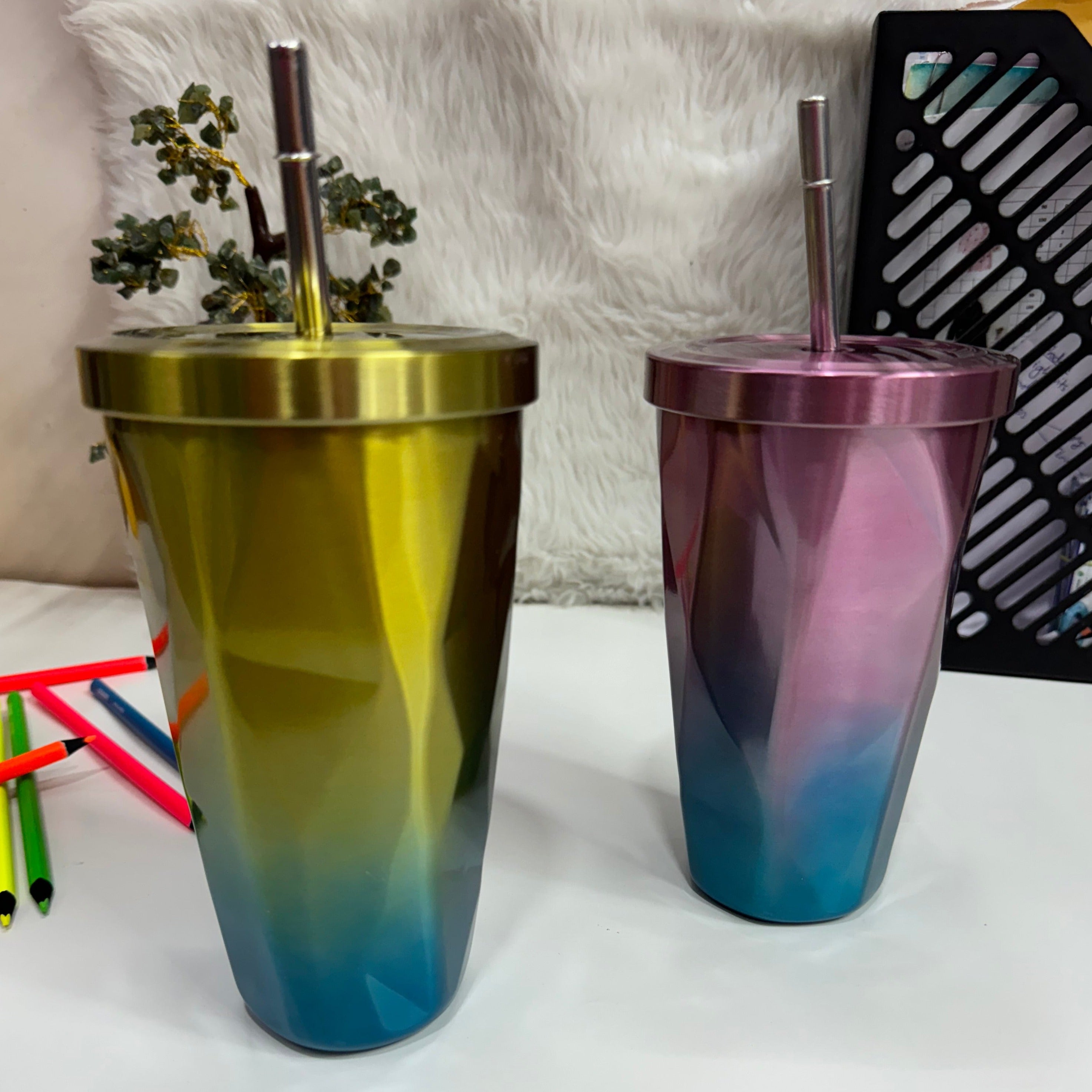 metallic tumbler with steel straw