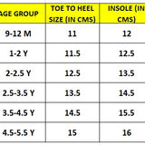 Table showing shoe size measurements in centimeters for different age groups and Euro sizes.