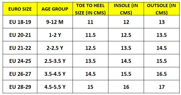 Table showing shoe size measurements in centimeters for different age groups and Euro sizes.