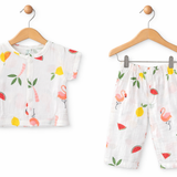 FLAMINGO & FRUIT HALF SLEEVES BUTTON-UP MUSLIN NIGHTSUIT - WHITE