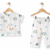 NATURE PRINT HALF SLEEVES BUTTON-UP MUSLIN NIGHTSUIT - WHITE