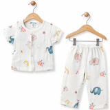 ELEPHANT PRINT HALF SLEEVES BUTTON-UP MUSLIN NIGHTSUIT - WHITE
