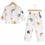 ELEPHANT PRINT BUTTON-UP MUSLIN NIGHTSUIT - WHITE