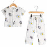 GIRAFFE PRINT HALF SLEEVES BUTTON-UP MUSLIN NIGHTSUIT - WHITE