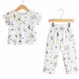 SPACE THEME HALF SLEEVES BUTTON-UP MUSLIN NIGHTSUIT - WHITE