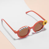 HAPPY BUNNY & FLOWER APPLIQUE ROUND SUNGLASSES - BROWN