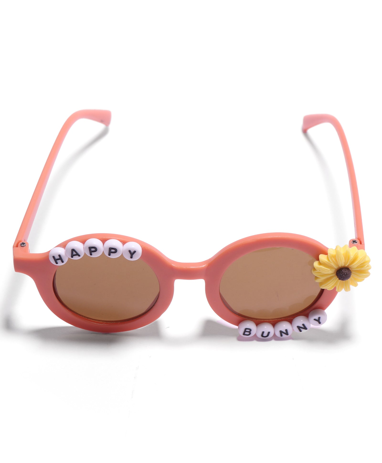 HAPPY BUNNY & FLOWER APPLIQUE ROUND SUNGLASSES - BROWN